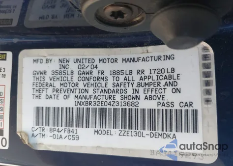 2004 Toyota Corolla Ce/Le/S from USA, damaged, VIN 1NXBR32E04Z313682